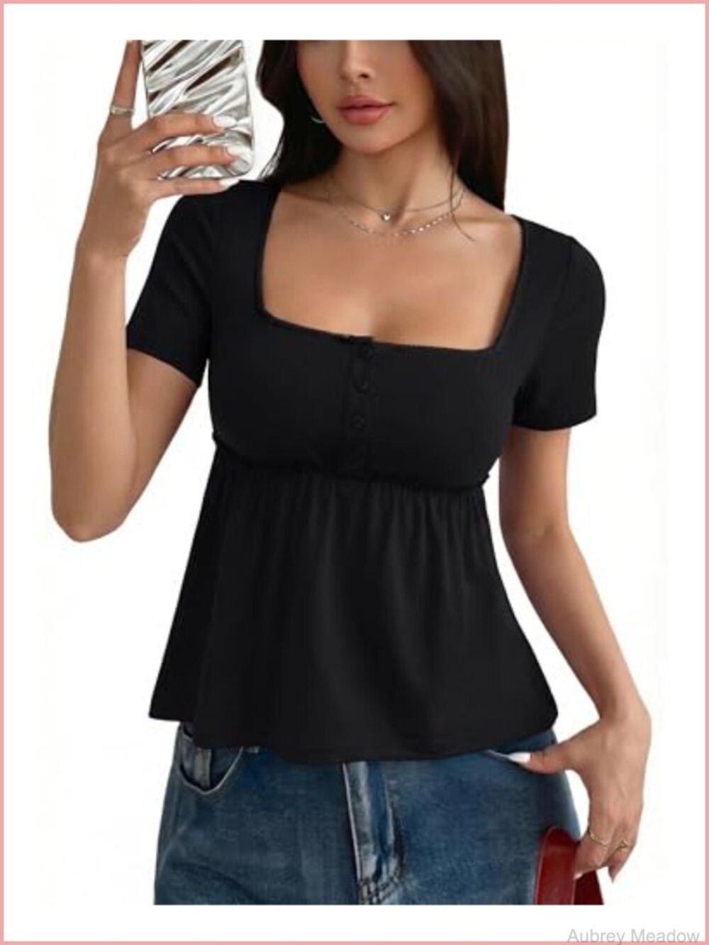 Babydoll Top Peplum Cute Blouse Square Neck Y2K Button Down Flowy Short Sleeve